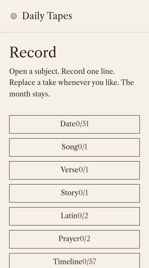 Daily Tapes Record screen on a phone: a list of subjects (Date, Song, Verse, Story, Latin, Prayer, Timeline) with the number of lines recorded for each.