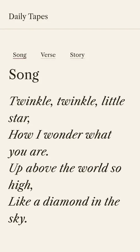 Daily Tapes recording screen on a phone: the Song script, Twinkle, twinkle, little star, in large type under Song, Verse and Story tabs.