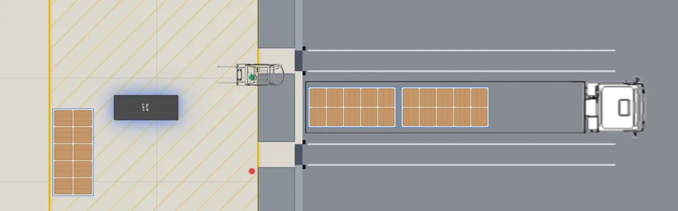 Load In 5 in Sliplift mode: a top-down loading dock with two stacks of trays inside the trailer, a SlipLift beside a staged tray, and a forklift at the dock door.